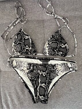 Vince Camuto Black and White Snake Print Triangle Bikini